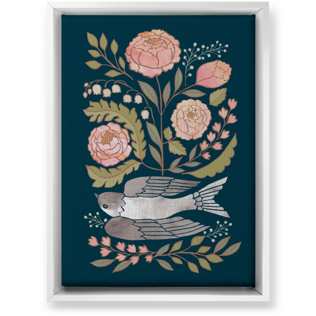 Bloom - Dove & Pink Peonies on Blue Wall Art, White, Single piece, Canvas, 10x14, Multicolor