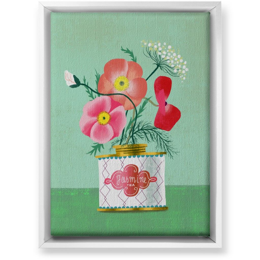 Poppies in Jasmine Tea Tin Wall Art, White, Single piece, Canvas, 10x14, Green, Classic Green