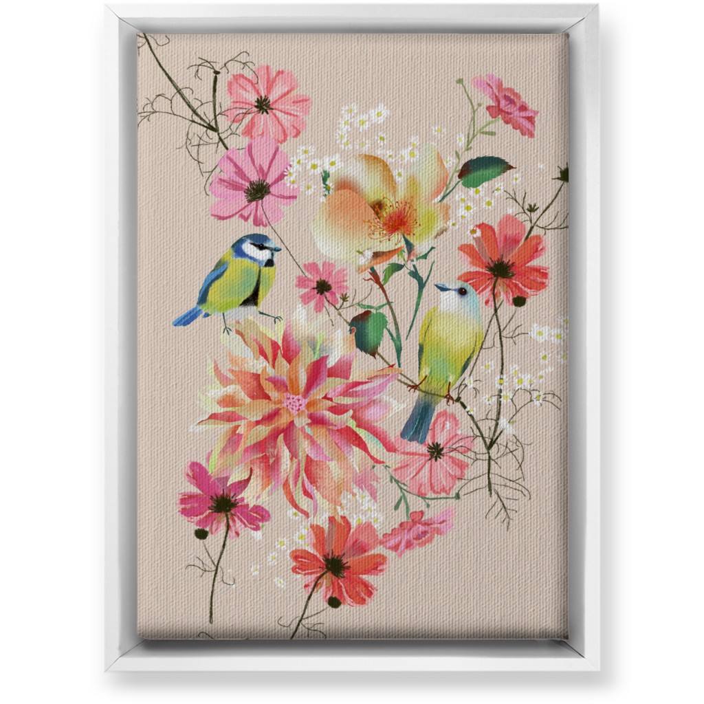 Birds With Dahlias and Cosmea Wall Art, White, Single piece, Canvas, 10x14, Pink