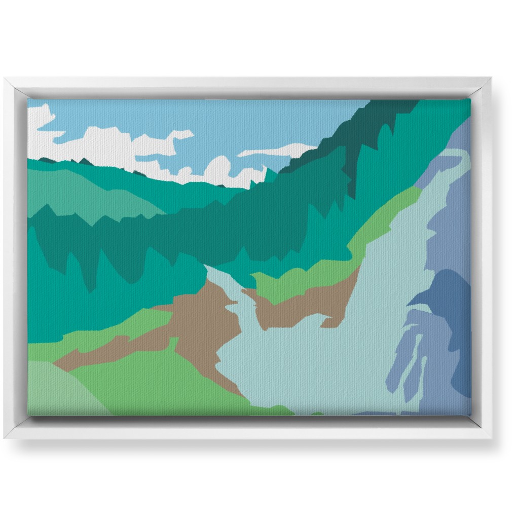 Minimalist Valley Forest Waterfall - Green and Blue Wall Art, White, Single piece, Canvas, 10x14, Green
