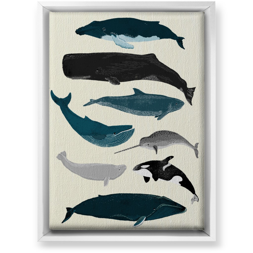 Ocean Whales on White Wall Art, White, Single piece, Canvas, 10x14, Blue, True Blue