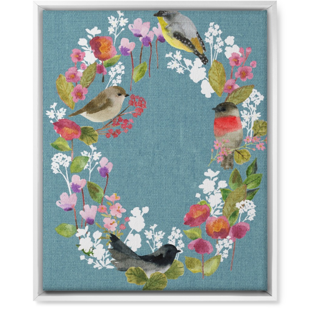 Winter Birds in the Garden Wreath - Blue Wall Art, White, Single piece, Canvas, 16x20, Blue, True Blue