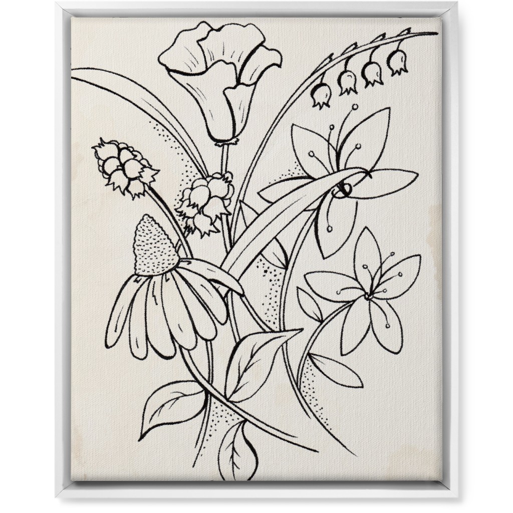 Vintage Wildflower Sketch - Beige and Black Wall Art, White, Single piece, Canvas, 16x20, Beige
