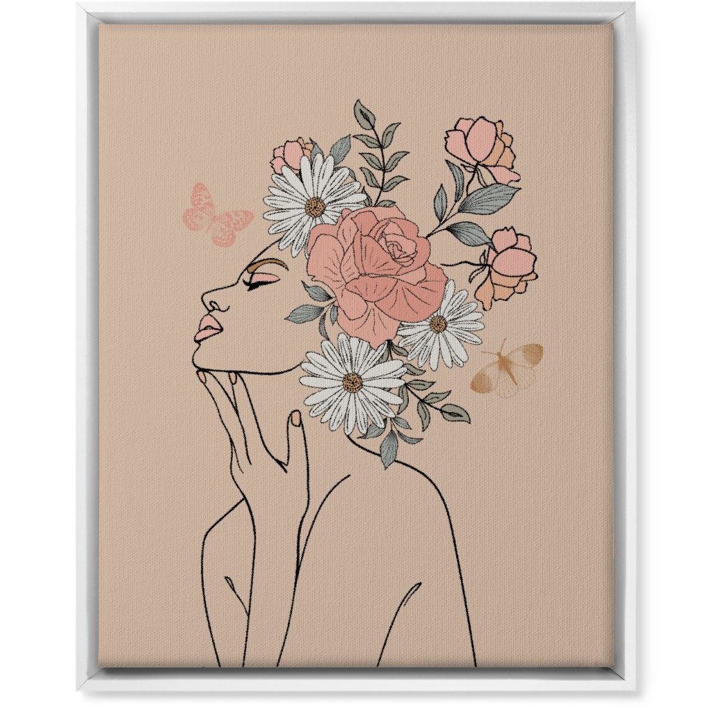 Feminine Line Art Botanical Sketch - Neutral Wall Art, White, Single piece, Canvas, 16x20, Beige, Pearl