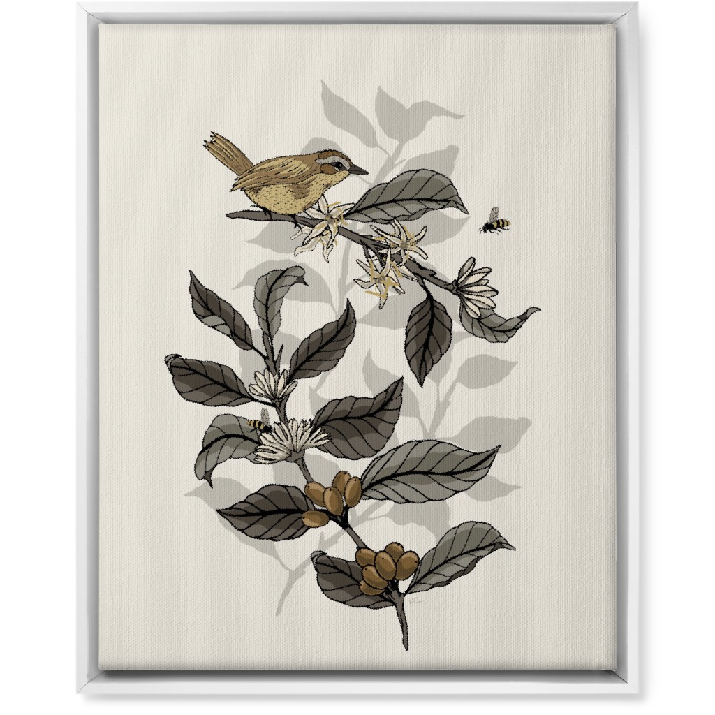Bee, Bird and Coffee Plant - Neutral Wall Art, White, Single piece, Canvas, 16x20, Beige, Pearl