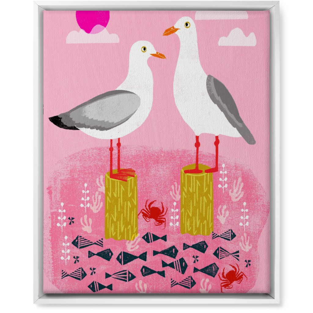 Perched Seagulls - Pink Wall Art, White, Single piece, Canvas, 16x20, Pink, Bright Pink