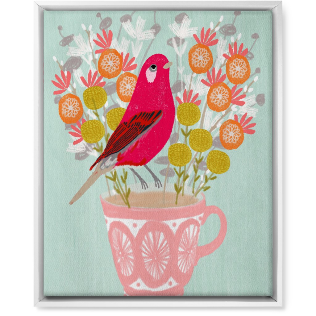 Red Bird on Teacup Bouquet Wall Art, White, Single piece, Canvas, 16x20, Multicolor