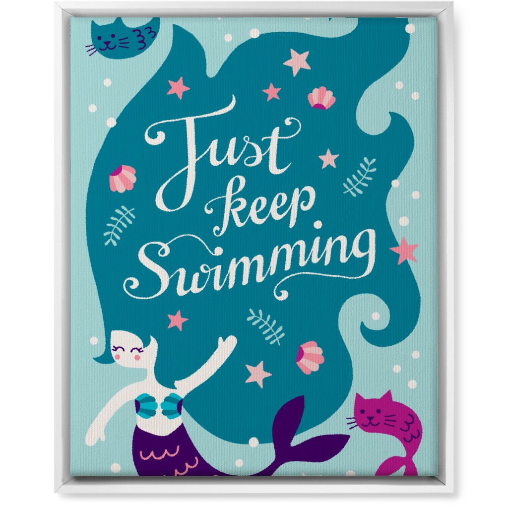 Mermaid Just Keep Swimming - Blue Wall Art, White, Single piece, Canvas, 16x20, Blue