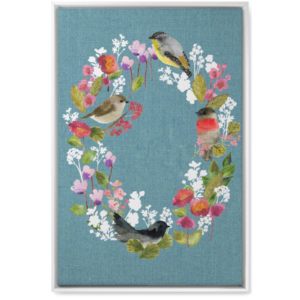 Winter Birds in the Garden Wreath - Blue Wall Art, White, Single piece, Canvas, 20x30, Blue, True Blue