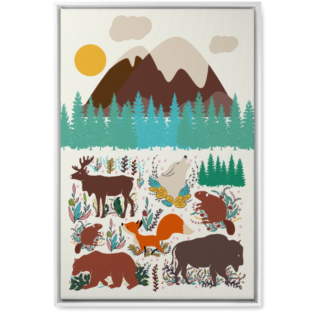 Wildlife Mountain Illustration Wall Art, White, Single piece, Canvas, 20x30, Multicolor