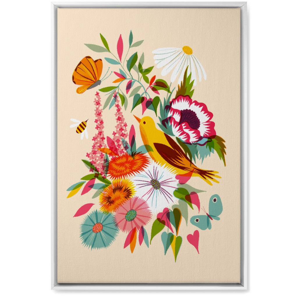 Florals With Pirol and Butterfly - Multi Wall Art, White, Single piece, Canvas, 20x30, Multicolor