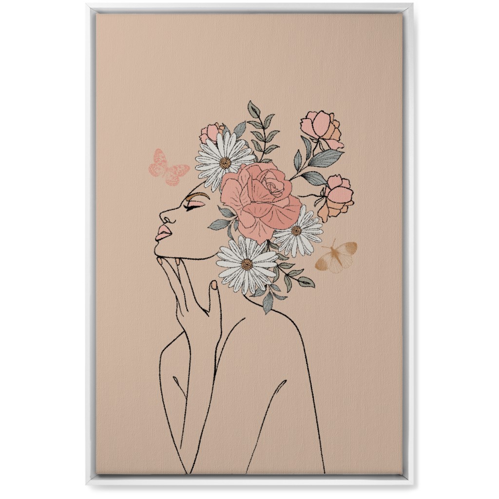 Feminine Line Art Botanical Sketch - Neutral Wall Art, White, Single piece, Canvas, 20x30, Beige