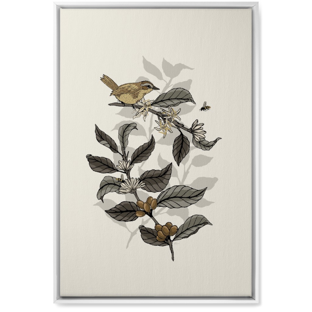 Bee, Bird and Coffee Plant - Neutral Wall Art, White, Single piece, Canvas, 20x30, Beige