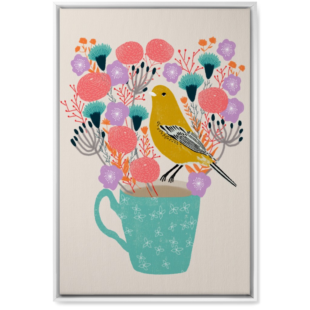 Yellow Bird on Teacup Bouquet Wall Art, White, Single piece, Canvas, 20x30, Multicolor