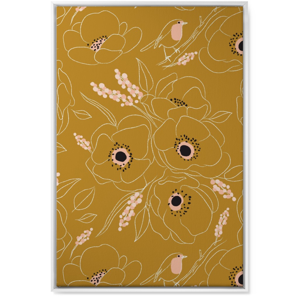 Freehand Robin & Winter Blooms - Gold Wall Art, White, Single piece, Canvas, 24x36, Yellow