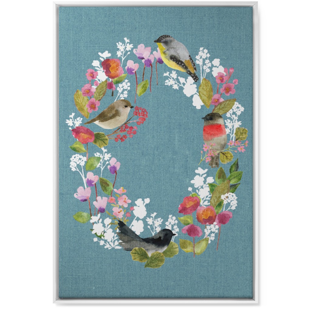Winter Birds in the Garden Wreath - Blue Wall Art, White, Single piece, Canvas, 24x36, Blue, True Blue