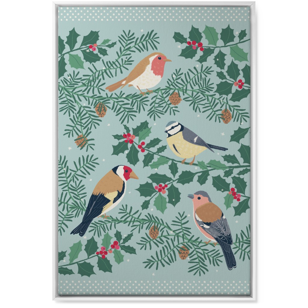 Robin & Friends, Winter Garden Birds - Blue Wall Art, White, Single piece, Canvas, 24x36, Blue