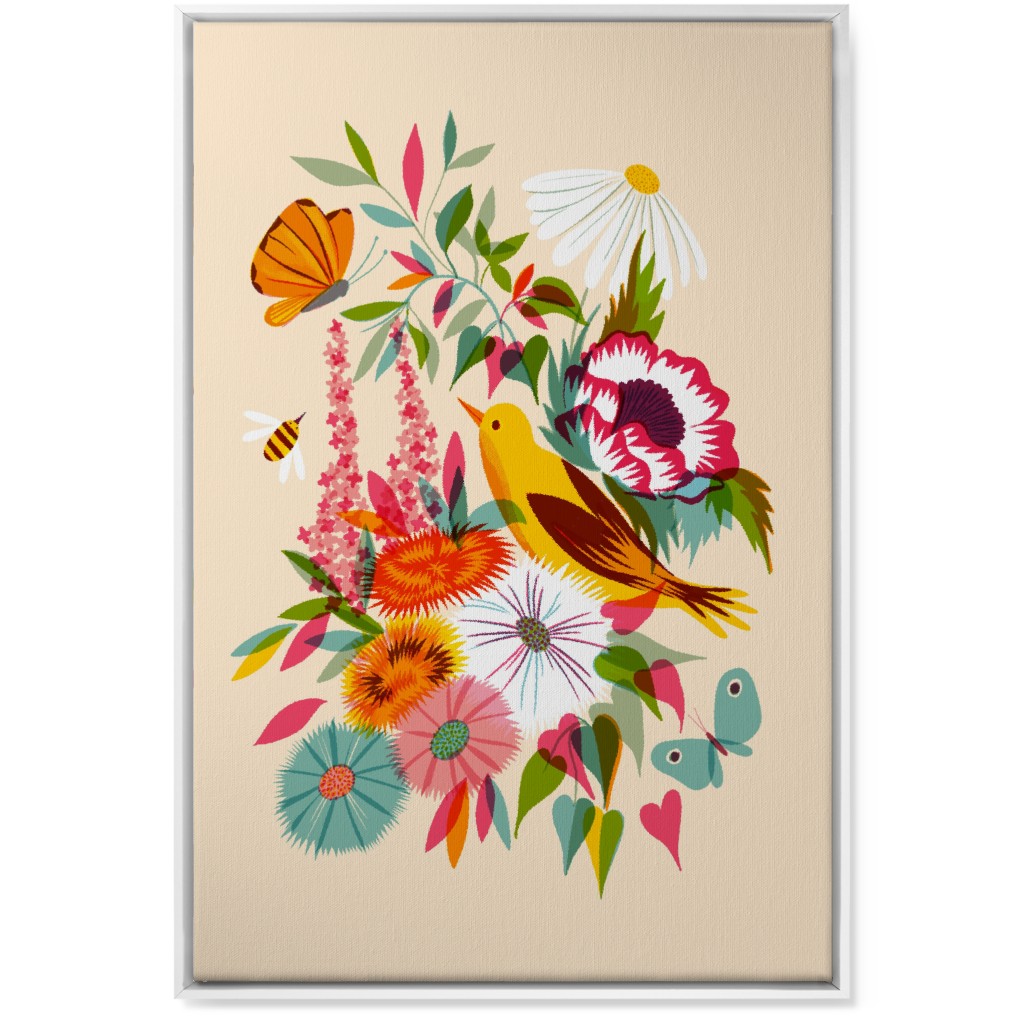 Florals With Pirol and Butterfly - Multi Wall Art, White, Single piece, Canvas, 24x36, Multicolor
