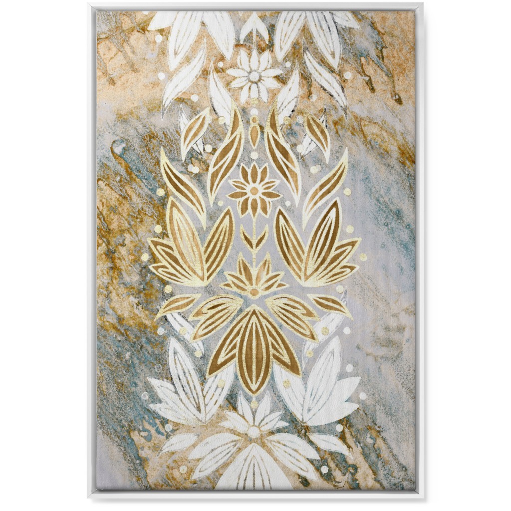 Floral Art Deco Marble Wall Art, White, Single piece, Canvas, 24x36, Yellow, Pebble