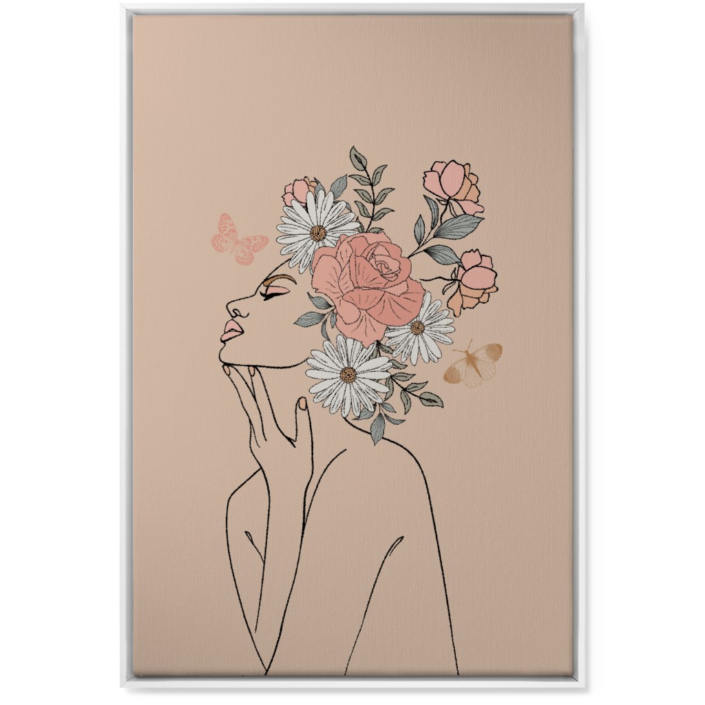 Feminine Line Art Botanical Sketch - Neutral Wall Art, White, Single piece, Canvas, 24x36, Beige, Pearl