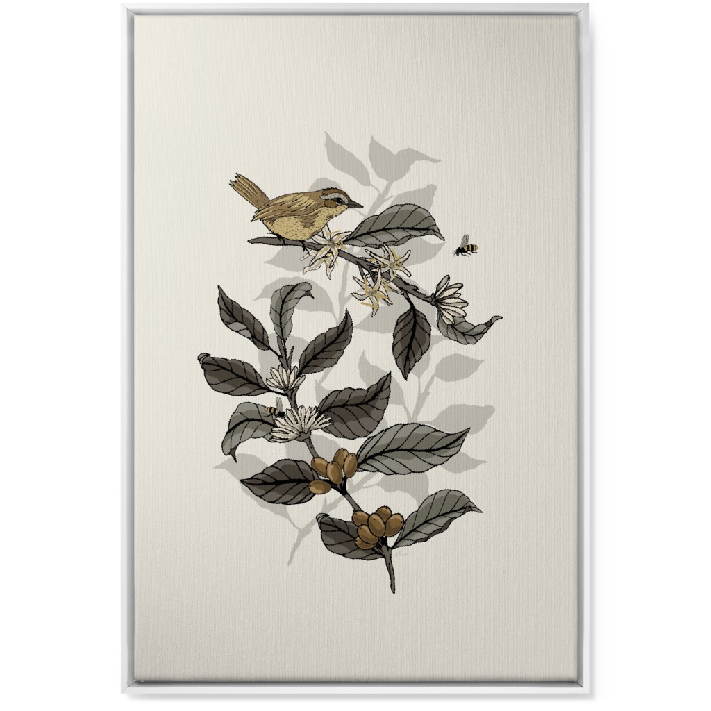 Bee, Bird and Coffee Plant - Neutral Wall Art, White, Single piece, Canvas, 24x36, Beige