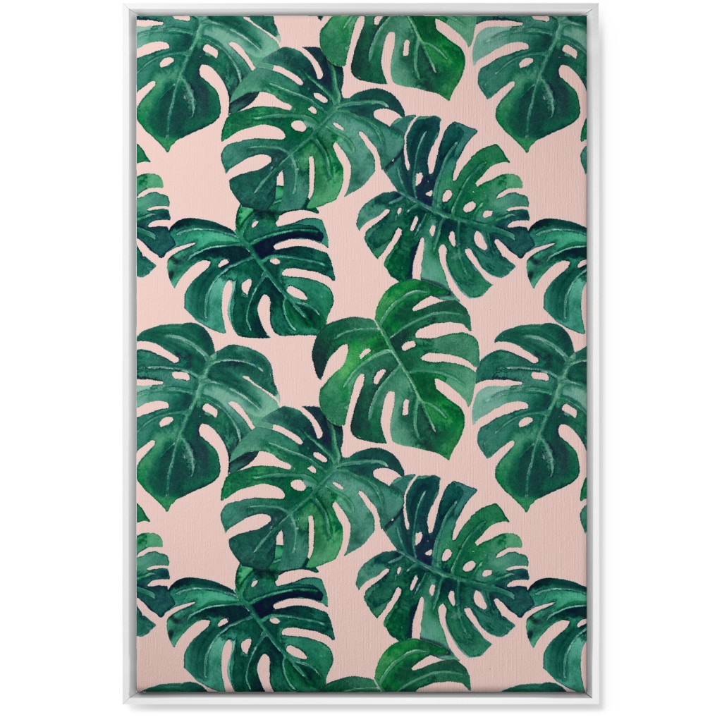 Watercolor Monstera Leaves Wall Art, White, Single piece, Canvas, 24x36, Green, Pearl