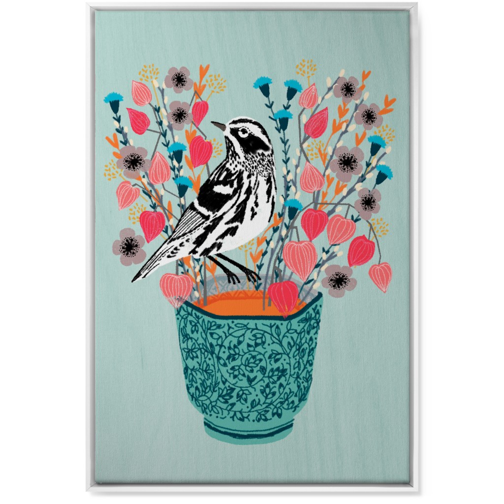 Warbler Bird - Black & White on Blue Flower Pot Wall Art, White, Single piece, Canvas, 24x36, Multicolor