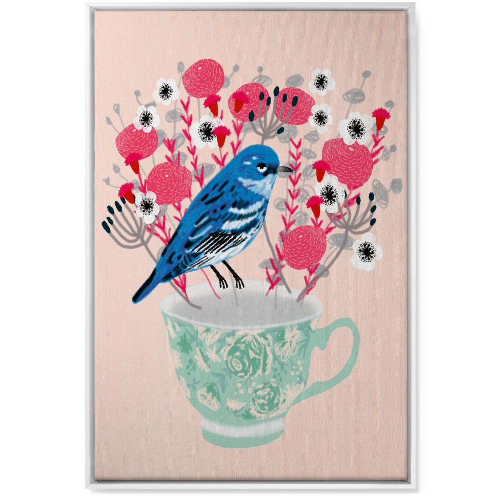 Blue Bird on Teacup Bouquet Wall Art, White, Single piece, Canvas, 24x36, Multicolor