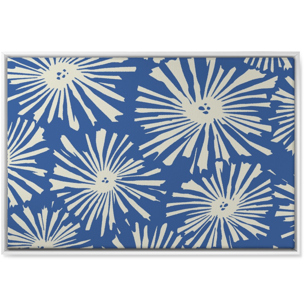 Cactus Blooms - Cream on Blue Wall Art, White, Single piece, Canvas, 24x36, Blue, True Blue