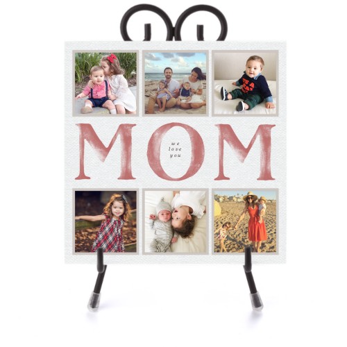 Mom Faded Letters Collage Ceramic Tile, glossy, 6x6, Pink, poppy