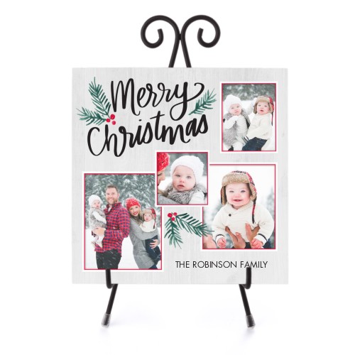 Merry And Bright Christmas Ceramic Tile, glossy, 8x8, Gray