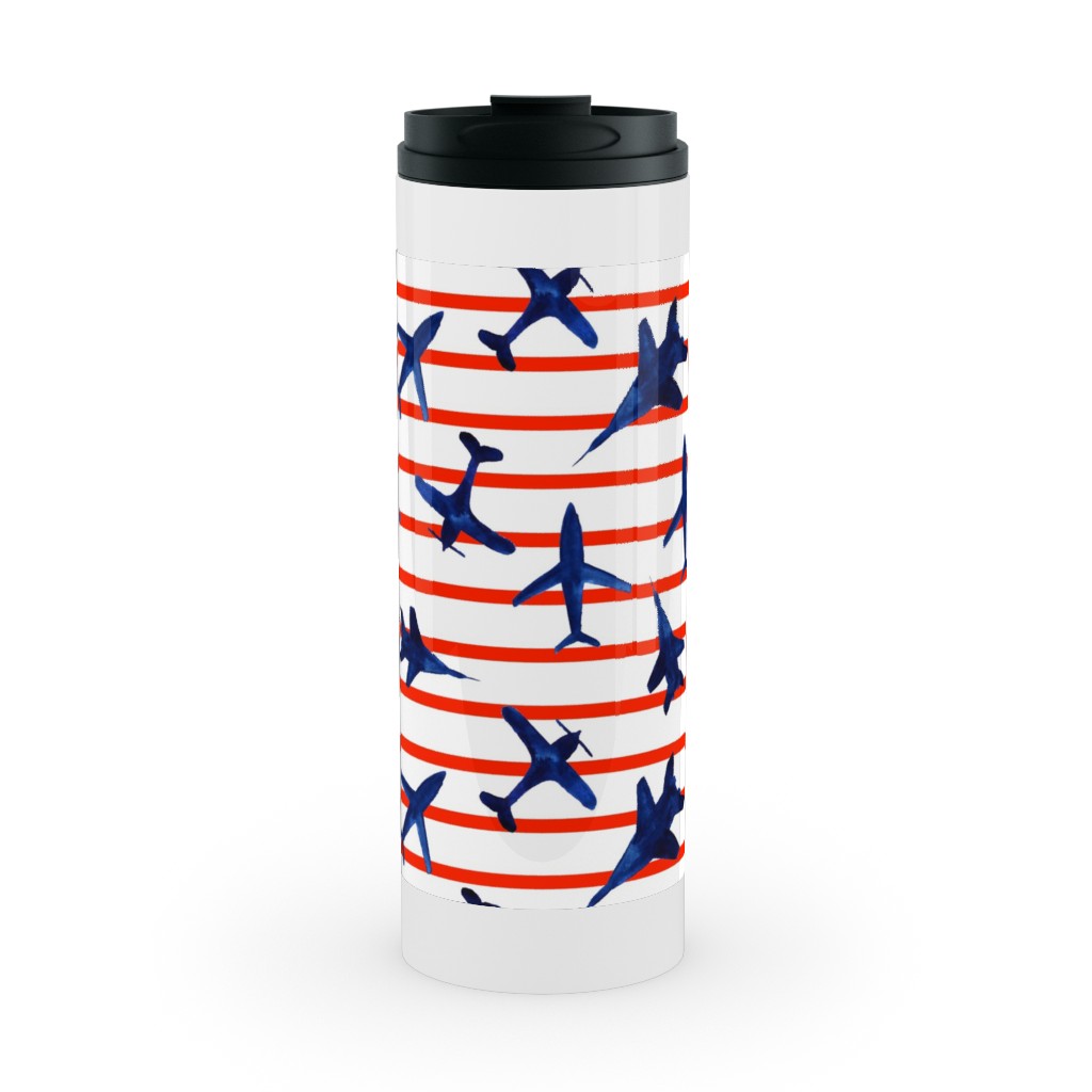 Patriotic Airplanes Watercolor - Blue With Red Stripes Stainless Mug, White,  , 16oz, Blue
