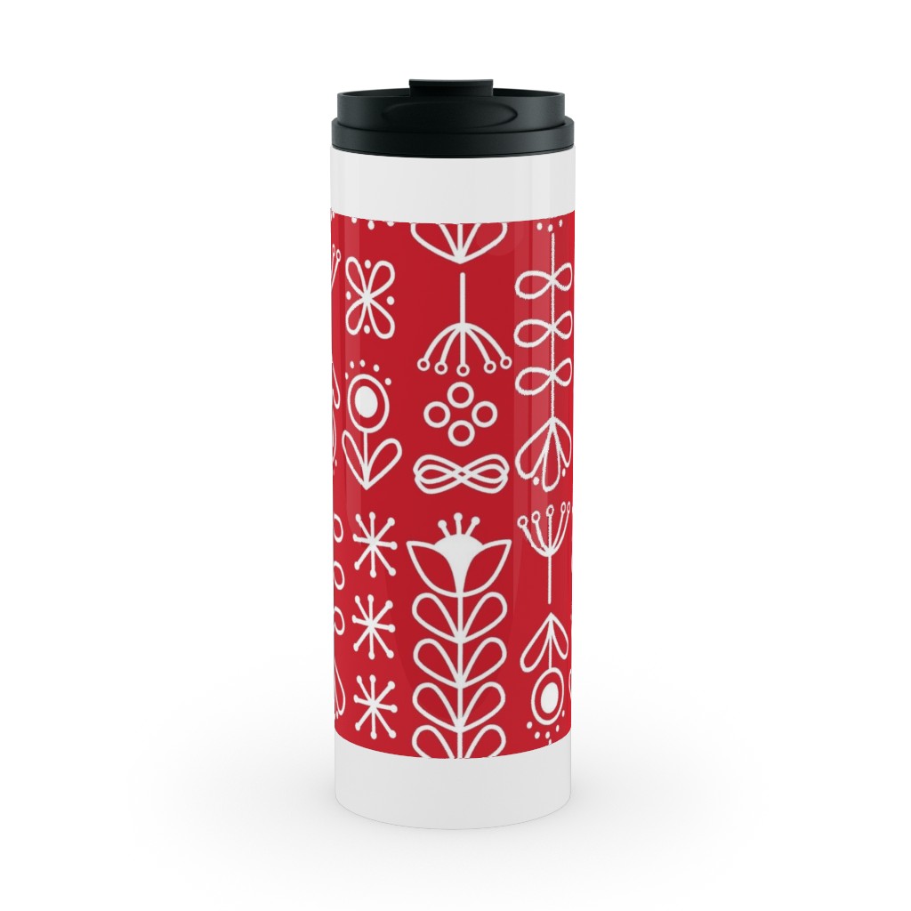 Red and White Nordic Mod Floral Stainless Mug, White,  , 16oz, Red