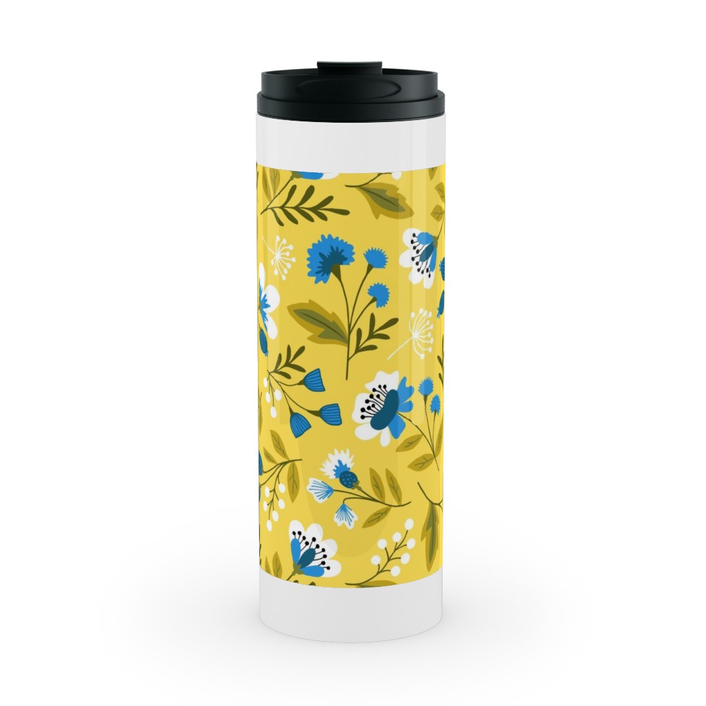 Colorful Spring Flowers - Blue on Yellow Stainless Mug, White,  , 16oz, Yellow