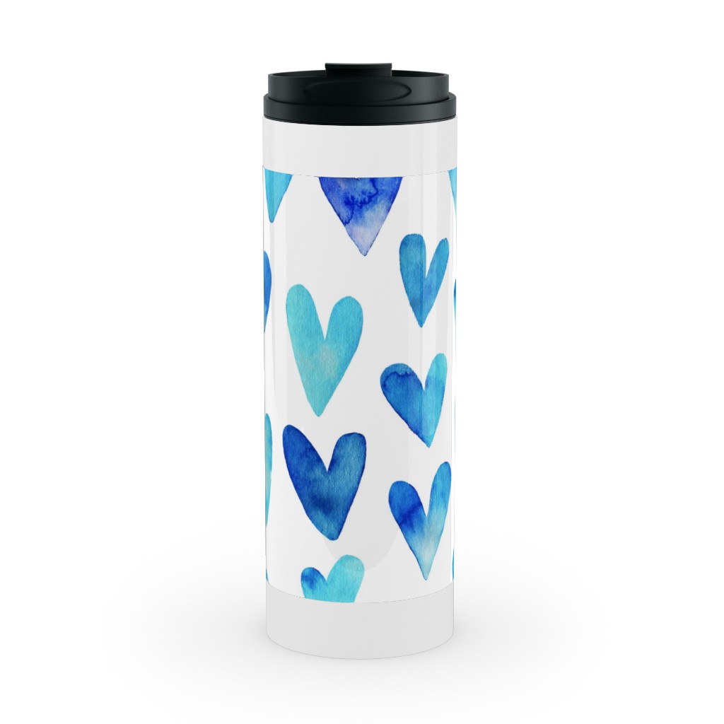Blue Ombre Hearts - Blue Stainless Mug, White,  , 16oz, Blue