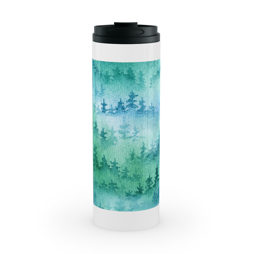 Watercolor Forest - Green and Blue Stainless Mug, White,  , 16oz, Green