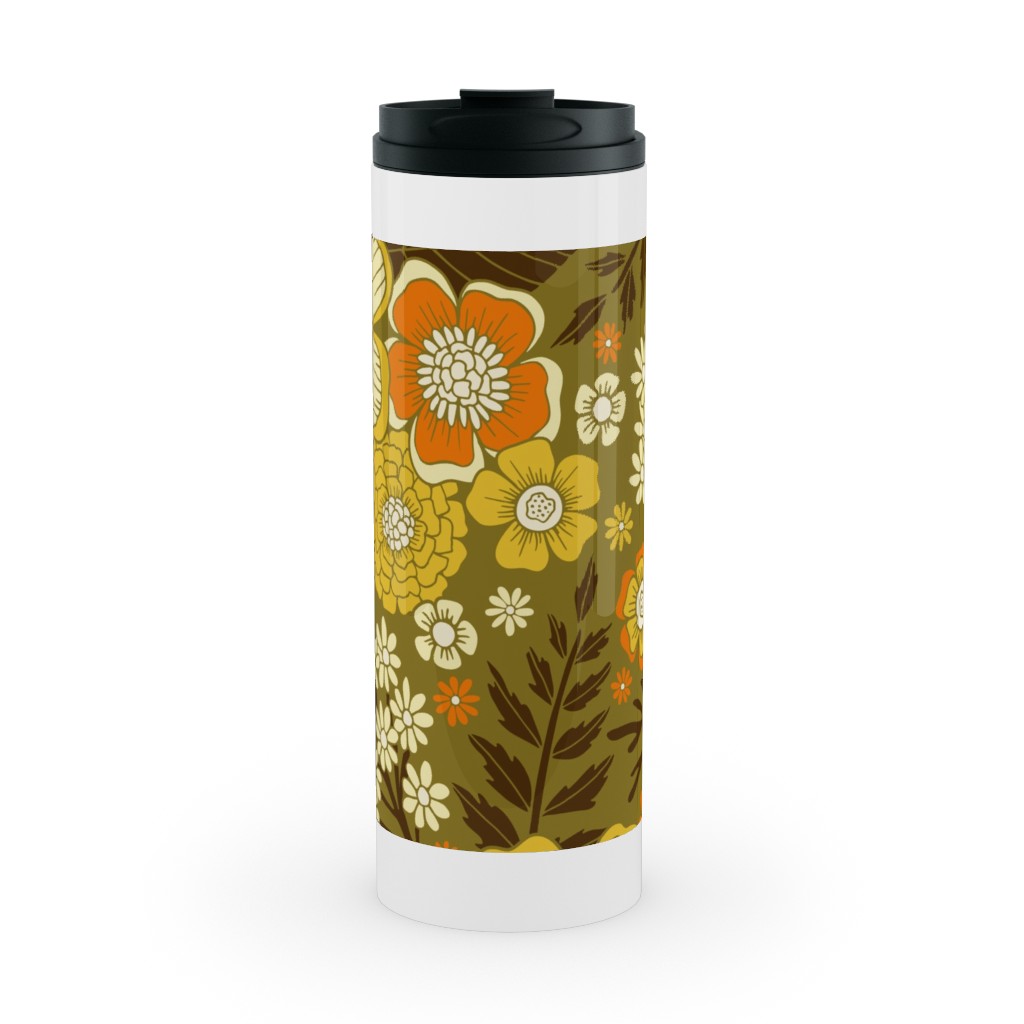 1970s Retro/Vintage Floral - Yellow and Brown Stainless Mug, White,  , 16oz, Yellow