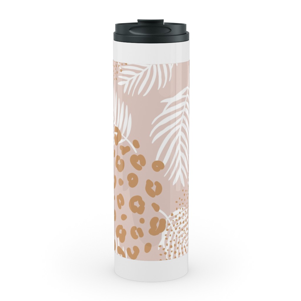 Palm Leaves and Animal Panther Spots - Beige Stainless Mug, White,  , 20oz, Pink