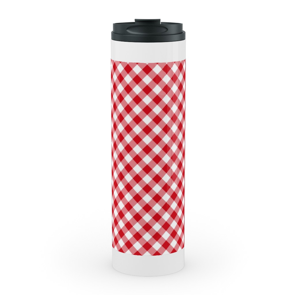 Diagonal Gingham - Red and White Stainless Mug, White,  , 20oz, Red