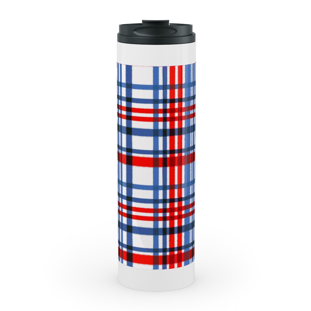 Intricate Plaid Stainless Mug, White, , 20oz, Blue, Red