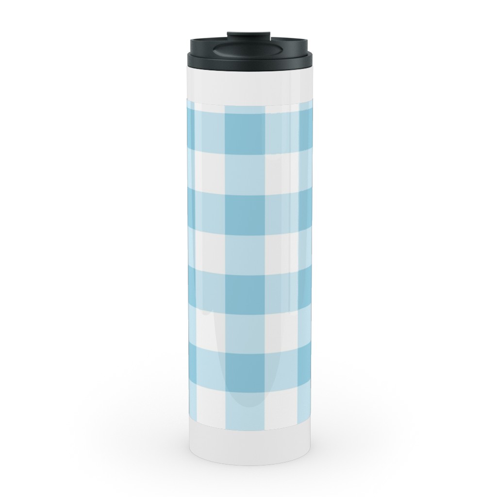 Gingham Checks Stainless Mug, White, , 20oz, Blue, Rain