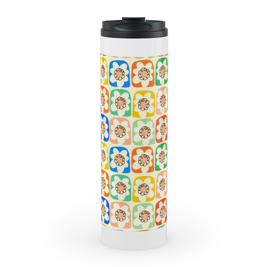 Abstract Retro Flower Doodle Squares - Multi Stainless Mug, White,  , 20oz, Multicolor