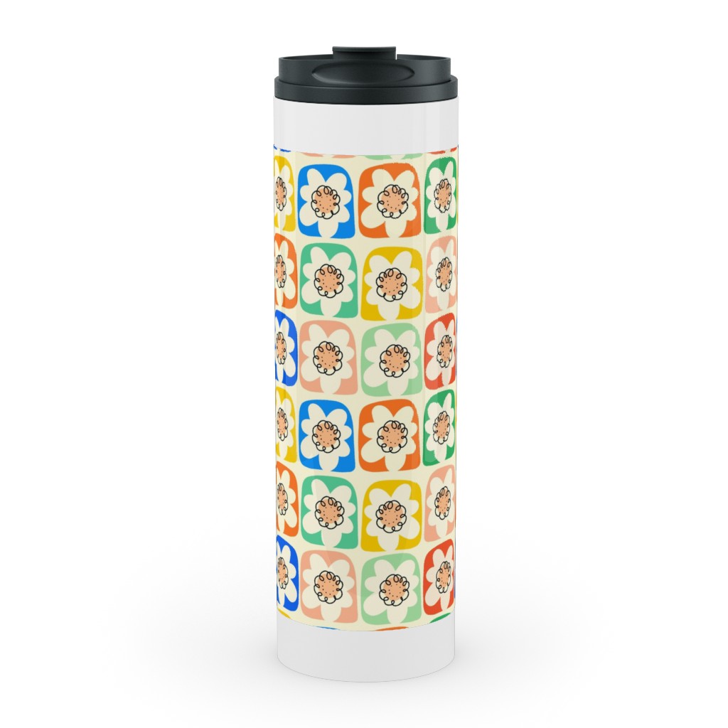 Abstract Retro Flower Doodle Squares - Multi Stainless Mug, White, , 20oz, Multicolor