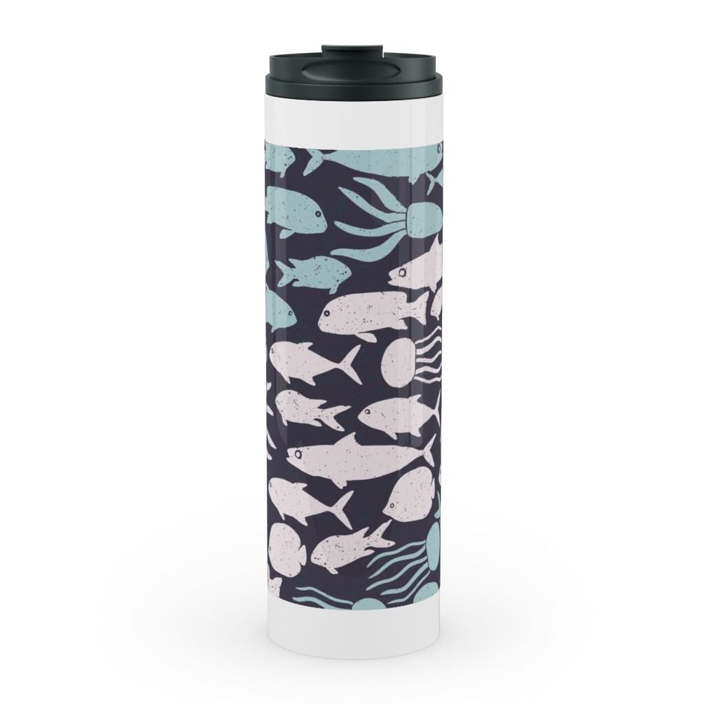 Fish School in Gray Aqua Dark Background Stainless Mug, White, , 20oz, Blue, True Blue