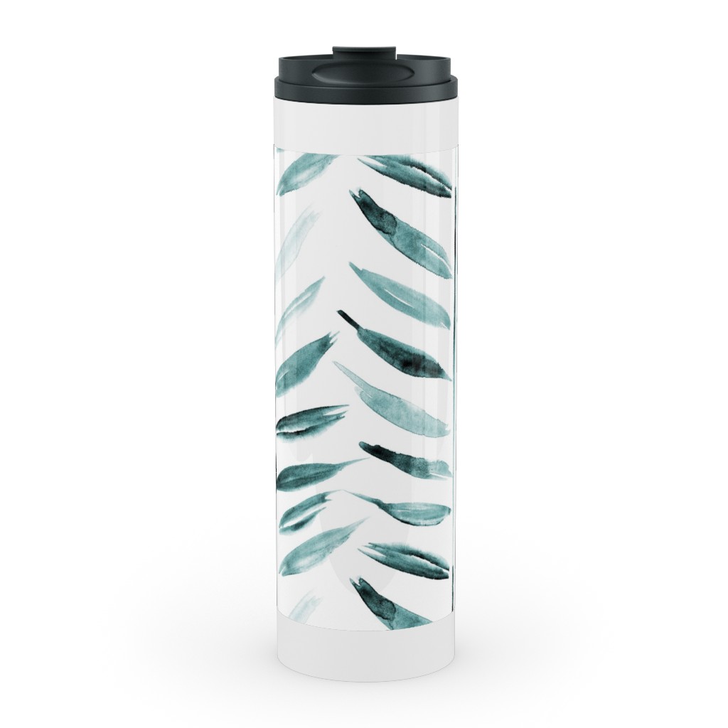 Leaves Herringbone - Watercolor Nature - Emerald Stainless Mug, White, , 20oz, Green, Classic Green