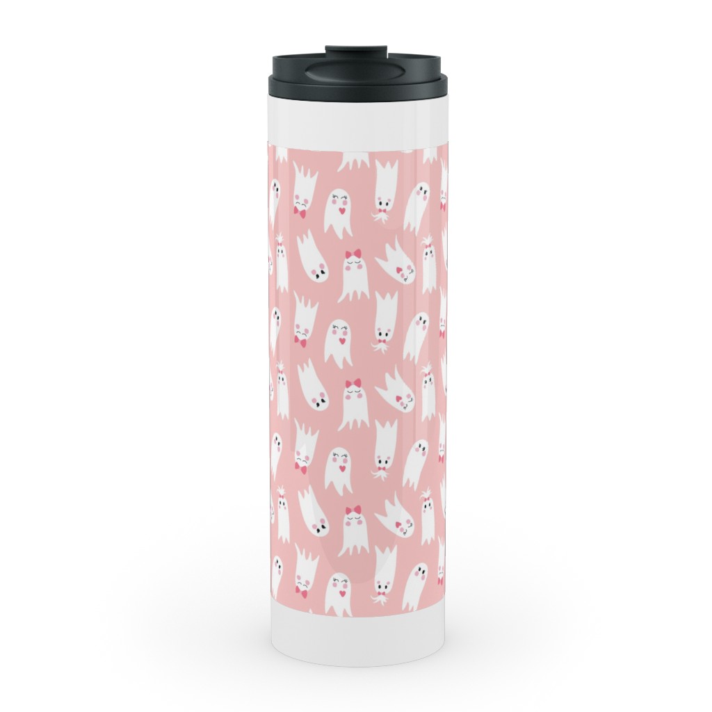 Sweet White Ghosts on Pink Stainless Mug, White, , 20oz, Pink, Bright Pink