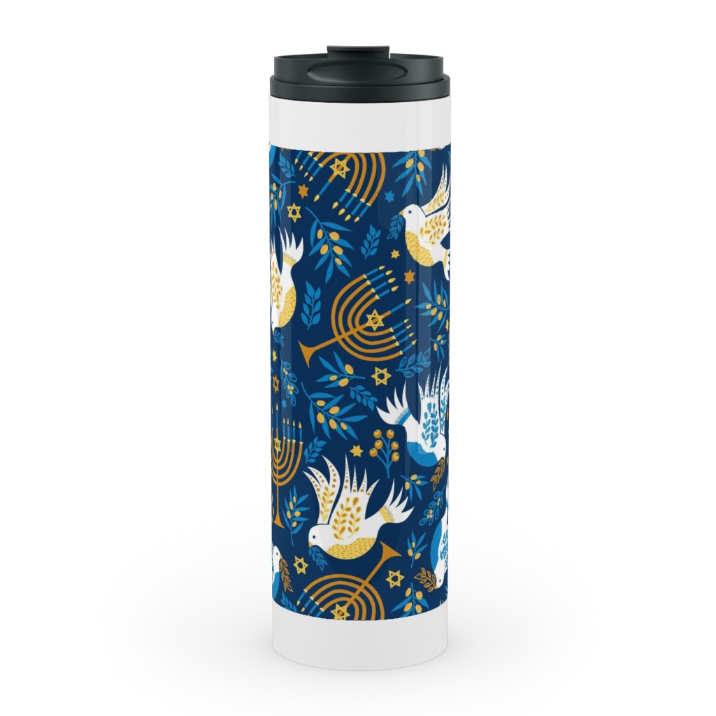 Hanukkah Birds and Menorahs - Dark Blue Stainless Mug, White, , 20oz, Blue, True Blue