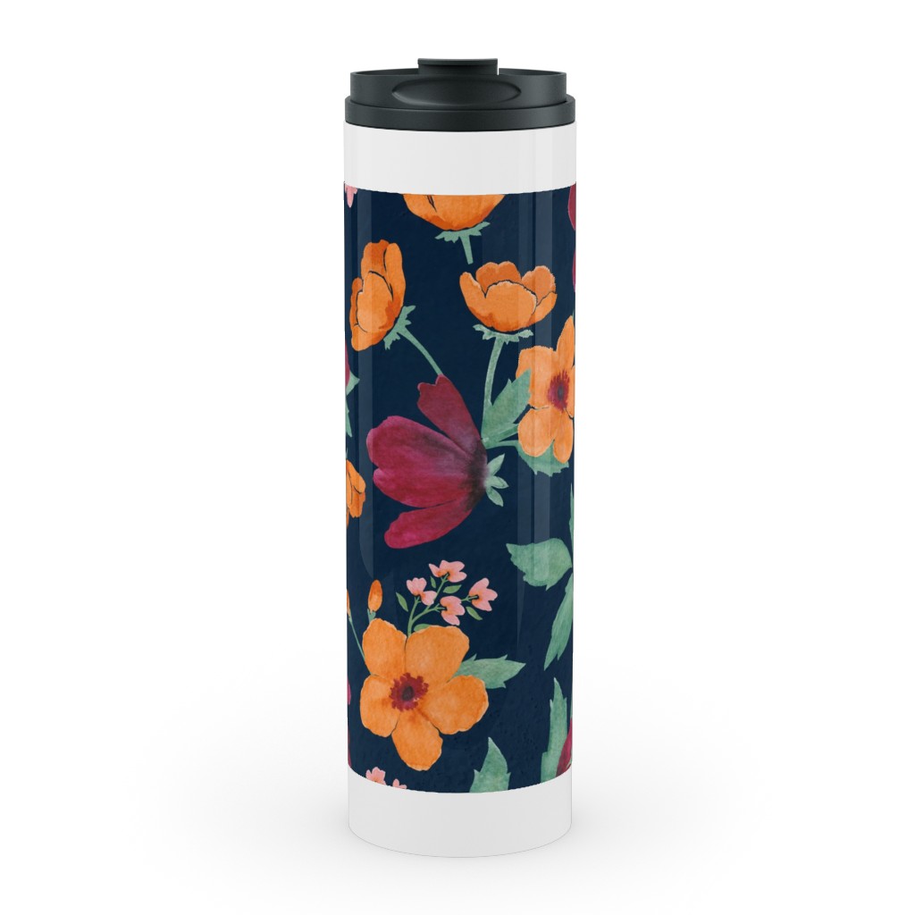 Watercolor Autumn Florals - Navy Stainless Mug, White, , 20oz, Multicolor