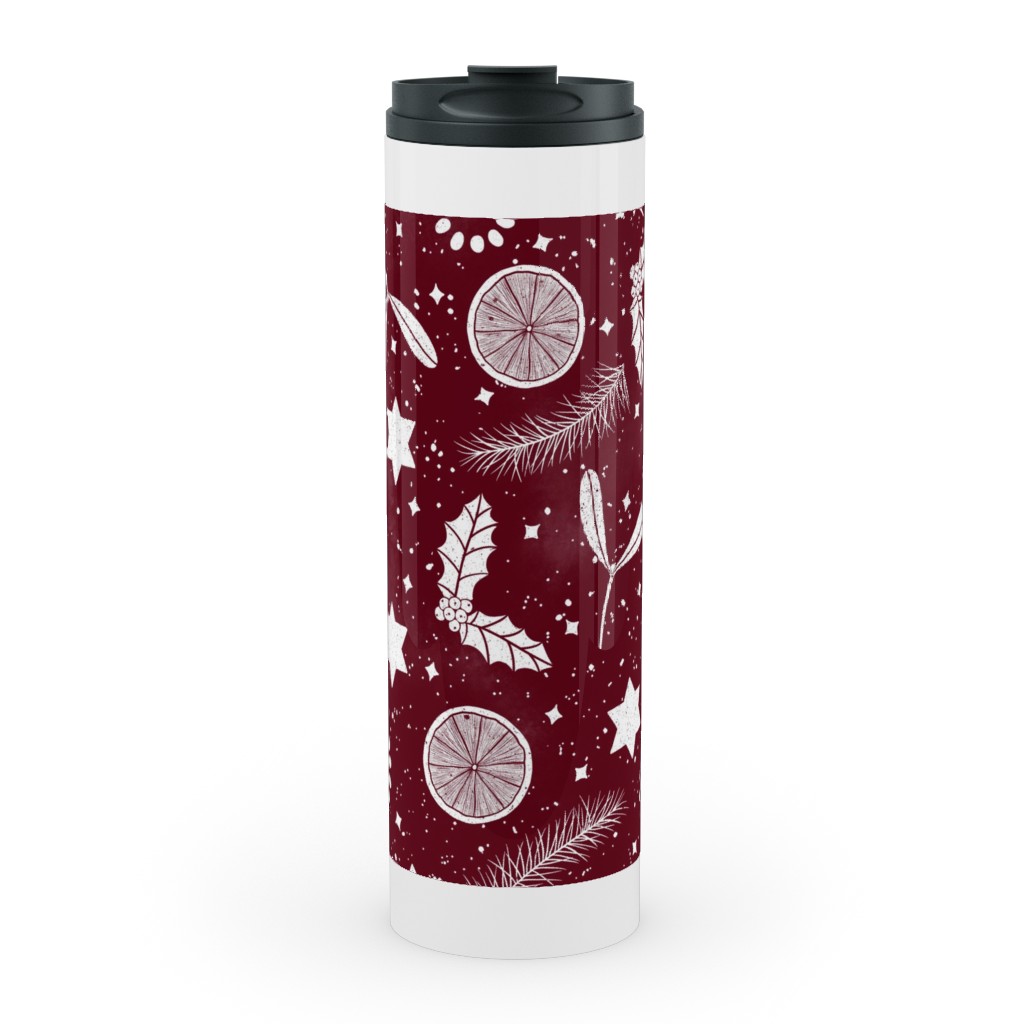 Festive Christmas Print Stars, Mistletoe, Orange, Holly and Pine Branch on Burgundy Stainless Mug, White,  , 20oz, Red