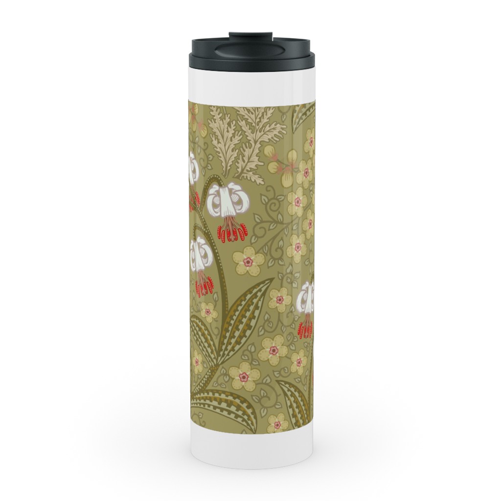 White Martagon Lilies - Olive Stainless Mug, White, , 20oz, Green, Classic Green